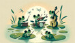 Illustration in a whimsical animated style of a group of frogs having a musical concert on lily pads, with one playing a violin, another on drums, and a third singing. 