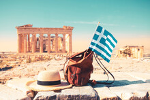 Summer Hat, Bag And Greek Flag At Parthenon OfAthens,  Acropolis- Travel, Vacation Or Tour Tourism In Greece- Europa