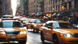 Fototapeta  - Cars speeding past with a blurred trail. A lively city scene in the center of Manhattan.