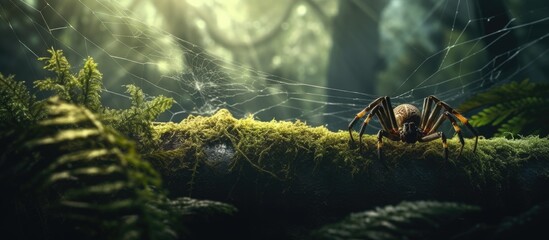 The forest background contains a spider with its intricate web