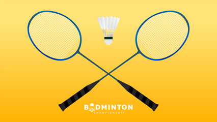 Wall Mural - Badminton racket with white badminton shuttlecock logo on yellow background badminton court indoor, badminton sports wallpaper with copy space  ,  illustration Vector EPS 10