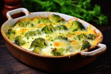 Wall Mural - Baked broccoli with eggs and cheese, vegetarian food. Generative AI