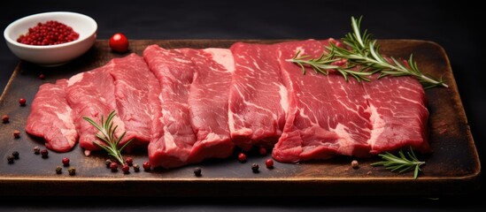 Wall Mural - Using farm products a meat restaurant or butcher shop often utilizes sliced raw meat to create delicious fried steaks on a baking tray