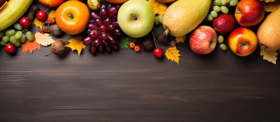 Sticker - Top view close up of a natural still life depicting the autumn harvest of fresh ripe organic fruits and vegetables perfect for promoting healthy eating