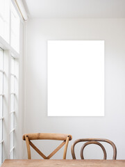 Wall Mural - Mockup rectangle picture frame. Abstract empty white artist painting in bright vintage dining or living room near window. Blank frame hanging on white wall background with copy space, vertical style.