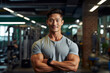 Muscular man posing in gym backdrop, generative ai