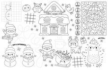 Vector Kawaii Christmas Placemat For Kids. Winter Holiday Printable Activity Mat With Maze, Tic Tac Toe Chart, Connect The Dots, Find Difference. Black And White Winter Play Mat Or Coloring Page.