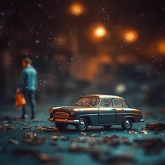 Canvas Print - AI generated illustration of A small toy car with a figurine blurred in the background