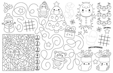 Wall Mural - Vector kawaii Christmas placemat for kids. Winter holiday printable activity mat with maze, tic tac toe chart, connect the dots, find difference. Black and white winter play mat or coloring page.