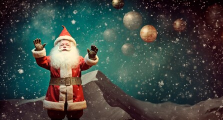 Wall Mural - Funny Vintage smiling Santa Claus studio Portrait on a universe  background. horizontal banner wallpaper emery christmas card, copy space for text 