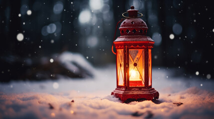 Wall Mural - vintage-style red Christmas lantern, with a flickering candle inside on the snowy outdoor background