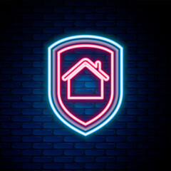 Sticker - Glowing neon line House under protection icon isolated on brick wall background. Home and shield. Protection, safety, security, protect, defense concept. Colorful outline concept. Vector