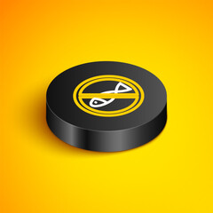 Canvas Print - Isometric line No fishing icon isolated on yellow background. Prohibition sign. Black circle button. Vector