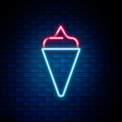 Wall Mural - Glowing neon line Ice cream in waffle cone icon isolated on brick wall background. Sweet symbol. Colorful outline concept. Vector