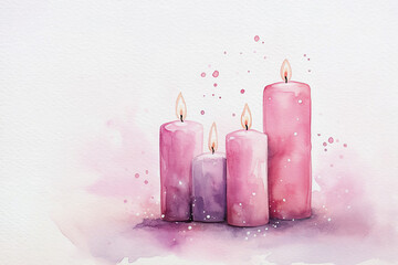 Wall Mural - Pretty loose watercolour style image of a christmas scene of four pink lit candles, and a pink wash watercolour background. Perfect as a card, invitation, social media or website header