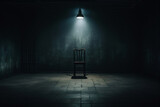 Fototapeta  - single chair in a dark room like a torture chamber or interrogation room, banner, header, wallpaper