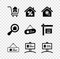 Sticker - Set Shopping cart with house, House percant, Search, Hanging sign For Rent, Open, and Sale icon. Vector