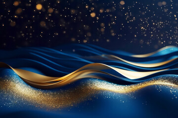 Wall Mural - golden abstract bokeh, waves and particles on blue background. celebrating christmas, new year or ot