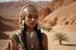 © Asfand - Portrait of a woman in South Asian attire with a regal headpiece, set in a desert landscape, her gold saree and jewellery symbol of wealth and status.