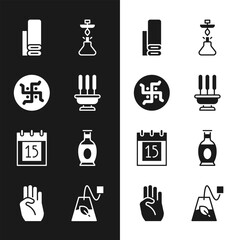 Sticker - Set Incense sticks, Hindu swastika, Indian textile fabric, Hookah, Independence day, vase, Tea bag and symbol hand icon. Vector