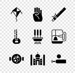 Poster - Set Kite, Indian symbol hand, Bamboo flute indian, Chicken tikka masala, Taj Mahal, Wood cricket bat ball, Sitar and Incense sticks icon. Vector