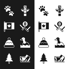 Canvas Print - Set Curling sport game, Flag of Canada, Paw print, Canadian totem pole, Beanie hat, Flying duck, Royal Ontario museum and Christmas tree icon. Vector