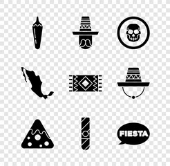 Canvas Print - Set Hot chili pepper pod, Mexican man sombrero, skull coin, Nachos, Cigar, Fiesta, Map of mexican and carpet icon. Vector