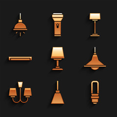 Sticker - Set Table lamp, Chandelier, LED light bulb, Fluorescent, Floor and icon. Vector