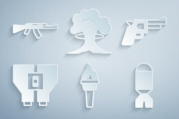 Canvas Print - Set Torch flame, Pistol gun, Binoculars, Rocket launcher, Nuclear explosion and Submachine icon. Vector