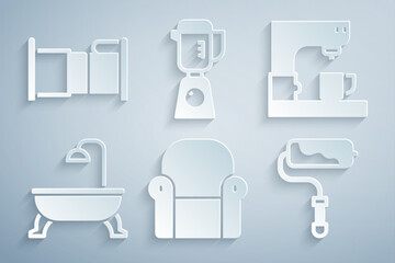 Sticker - Set Armchair, Coffee machine, Bathtub, Paint roller brush, Blender and Bed icon. Vector