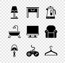 Sticker - Set Table lamp, Furniture nightstand, Electric kettle, Spatula, Gamepad, Hanger wardrobe, Bathtub and Smart Tv icon. Vector