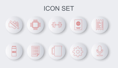 Sticker - Set line Microphone, Paper package for milk, Dumbbell, Cogwheel gear settings, Speaker mute, Processor with CPU, Document and Coffee cup icon. Vector