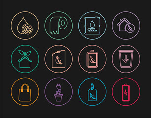 Sticker - Set line Battery, Send to the trash, Oil barrel, Bio fuel canister, Eco friendly house, Recycle clean aqua, nature leaf and battery and Toilet paper roll icon. Vector