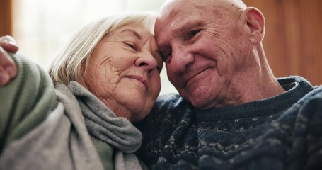 Canvas Print - Face, love and senior couple hug in a living room with support, care and trust in their home together. Security, care and old people embrace in a house bonding, relax and enjoy retirement together