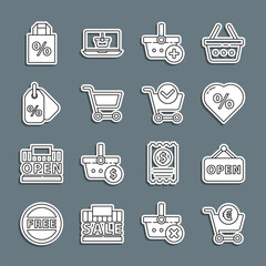 Sticker - Set line Shopping cart and euro, Hanging sign with Open, Discount percent tag heart, Add to basket, Shoping bag discount and check mark icon. Vector