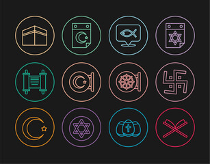 Poster - Set line Holy book of Koran, Hindu swastika, Christian fish, Star and crescent, Decree, paper, parchment, scroll, Kaaba mosque, Dharma wheel and icon. Vector