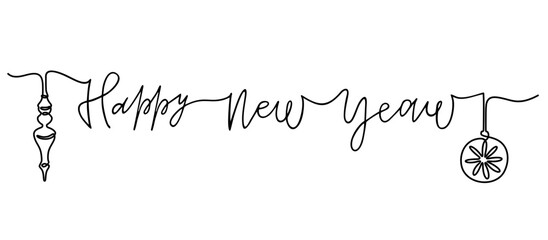 Happy New Year handwritten inscription. Hand drawn lettering. Christmas decorations drawn in one line. One line drawing of calligraphy. New year concept