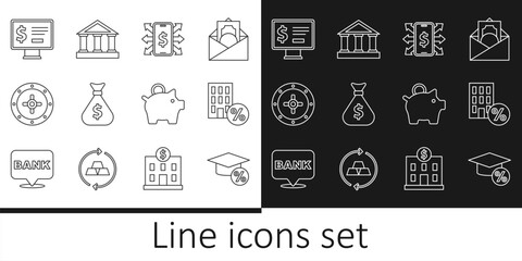 Wall Mural - Set line Graduation cap and coin, House with percant discount, Smartphone dollar, Money bag, Safe, Monitor, Piggy bank and Bank building icon. Vector