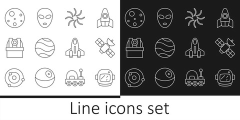 Sticker - Set line Astronaut helmet, Satellite, Black hole, Planet, Astronomical observatory, Mars, Rocket ship and Alien icon. Vector