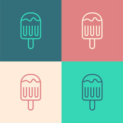 Sticker - Pop art line Ice cream on stick icon isolated on color background. Sweet symbol. Vector