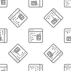 Grey line Software, web developer programming code icon isolated seamless pattern on white background. Javascript computer script random parts of program code. Vector
