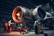 Aircraft Jet engine maintenance in airplane hangar, aesthetic look