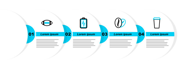 Poster - Set line Coffee cup, beans, Battery and American Football ball icon. Vector