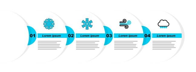 Sticker - Set line Cloud with snow, Wind, Snowflake and icon. Vector