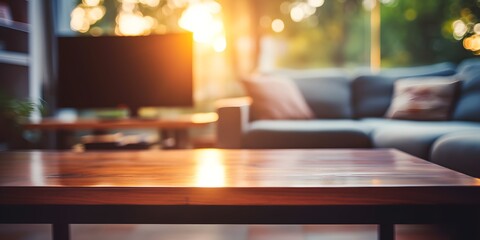 Empty coffee table mock-up in a living room early morning light blurred background - Generative ai