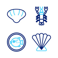 Sticker - Set line Scallop sea shell, Puffer fish on plate, Lobster and icon. Vector