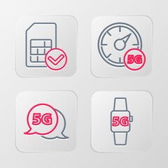 Sticker - Set line Smart watch 5G network, Digital speed meter and Sim card icon. Vector