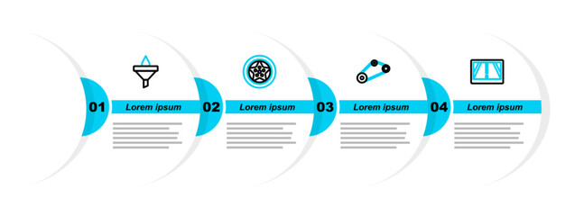 Sticker - Set line Gps device with map, Timing belt kit, Car wheel and Funnel and oil drop icon. Vector