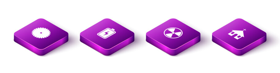 Sticker - Set Isometric Circular saw blade, Battery, Radioactive and Church building icon. Vector