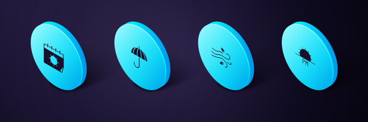 Sticker - Set Isometric Sunset, Wind, Umbrella and Calendar and sun icon. Vector